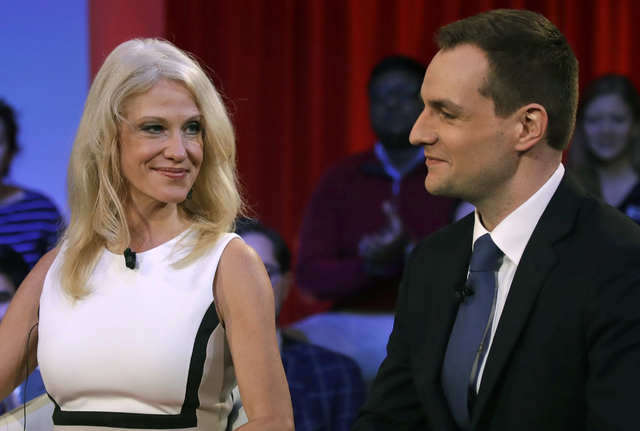Kellyanne Conway, Trump-Pence campaign manager, left, looks towards Robby Mook, Clinton-Kaine campaign manager, prior to a forum at Harvard University's Kennedy School of Government in Cambridge, ...