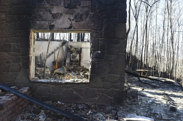 The charred foundation is all that remains of a home in the Cobbly Knob area of Pigeon Forge, Tenn., Thursday, Dec. 1, 2016. (Amy Smotherman Burgess/Knoxville News Sentinel via AP)