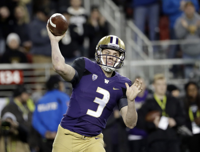 Washington quarterback Jake Browning (3) throws against Colorado during the first half of the Pac-12 Conference championship NCAA college football game Friday, Dec. 2, 2016, in Santa Clara, Calif. ...