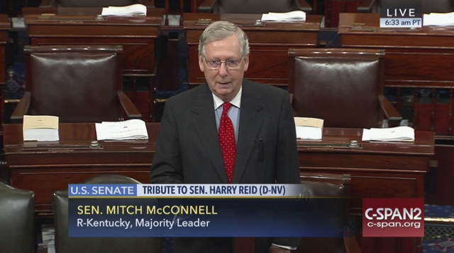 Senate Majority Leader Mitch McConnell of Kentucky speaks on the Senate floor on Capitol Hill in Washington, Thursday, Dec. 8, 2016, during a tribute to retiring Senate Minority Leader Harry Reid  ...