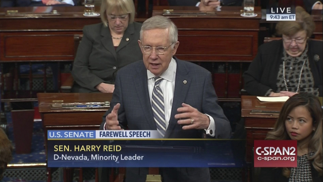 Retiring Senate Minority Leader Harry Reid of Nevada gives his final speech on the Senate floor on Capitol Hill in Washington, Thursday, Dec. 8, 2016. (C-SPAN2 via AP)