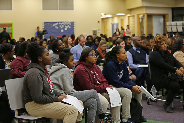 Andre Agassi College Preparatory Academy, students, front row, attend a Governing Board meeting at the academy in Las Vegas, Tuesday, Dec. 13, 2016. (Chitose Suzuki/Las Vegas Review-Journal) @chit ...