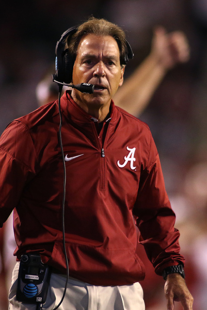 Alabama's Nick Saban yells at his players during the fourth  quarter of an NCAA college football game against Arkansas Saturday, Oct. 8, 2016 in Fayetteville, Ark. Alabama beat Arkansas 49-30. (AP ...
