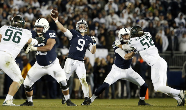 Penn State quarterback Trace McSorley (9) throws a pass against Michigan State during the second half of an NCAA college football game in State College, Pa., Saturday Nov. 26, 2016. Penn State won ...