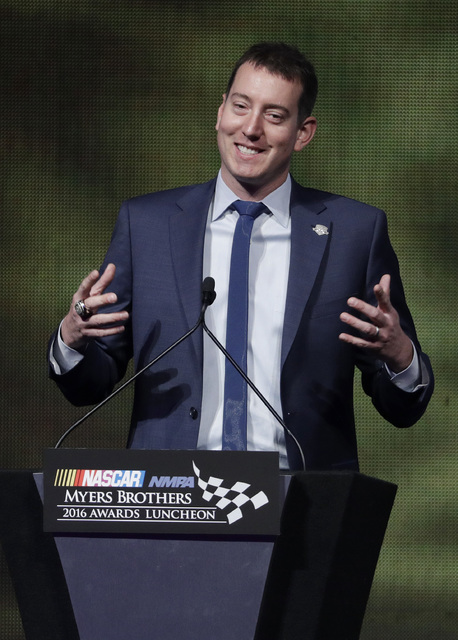 Kyle Busch speaks after winning the Mobile 1 Driver of the Year Award during the NASCAR NMPA Myers Brothers Awards Luncheon, Thursday, Dec. 1, 2016, in Las Vegas. (John Locher/AP)
