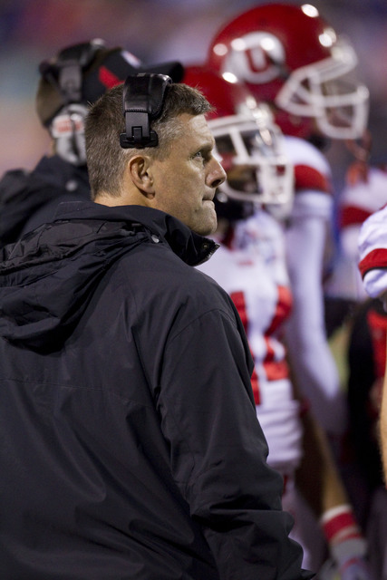 Utah head coach Kyle Whittingham looks on during the Maaco Bowl NCAA college football game against Boise State, Wednesday Dec. 22, 2010, in Las Vegas. Boise State defeated Utah 26-3. (AP Photo/Er ...