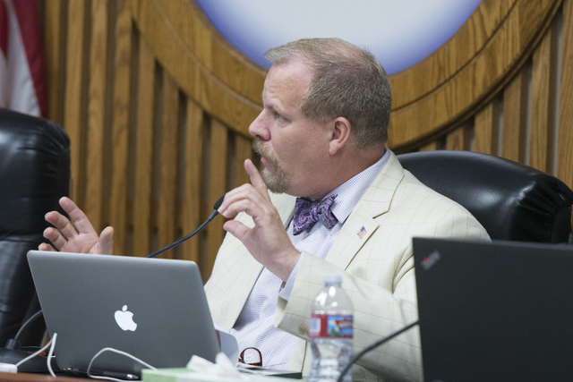 Clark County School District Board of Trustees member Kevin Child speaks during the CCSD board meeting to approve the district's final budget for the 2016-17 academic year at the Greer Education C ...