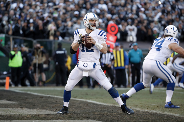 Indianapolis Colts quarterback Andrew Luck (12) passes during the second half of an NFL football game against the Oakland Raiders in Oakland, Calif., Saturday, Dec. 24, 2016. (AP Photo/Tony Avelar)