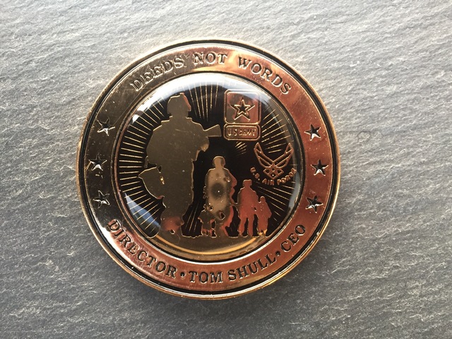 The challenge coin of Tom Shull, director of the Army and Air Force Exchange Service, shown, Wednesday, Oct. 12, 2016, at Nellis Air Force Base Exchange, features the motto of his Army infantry re ...