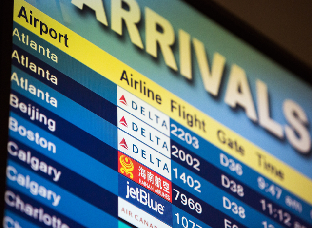 Hainan Airlines from Beijing is posted on a flight schedule at McCarran International Airport on Friday, Dec. 2, 2016. The first nonstop flight from China arrived on Friday. Jeff Scheid/Las Vegas ...