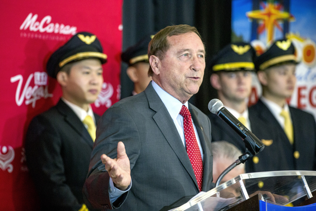 Rossi Ralenkotter, president and CEO of Las Vegas Convention and Visitors Authority, speaks during the inaugural flight reception for Hainan Airlines at McCarran International Airport on Friday, D ...