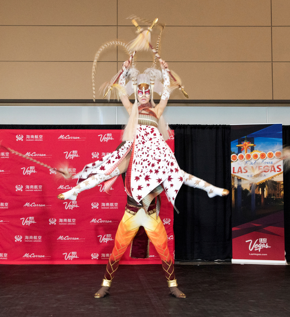 Performers from KA by Cirque du Soliel dance to celebrate the arrival of Hainan Airlines first flight from Beijing to McCarran International Airport in Las Vegas on Friday, Dec. 2, 2016. CREDIT: ...