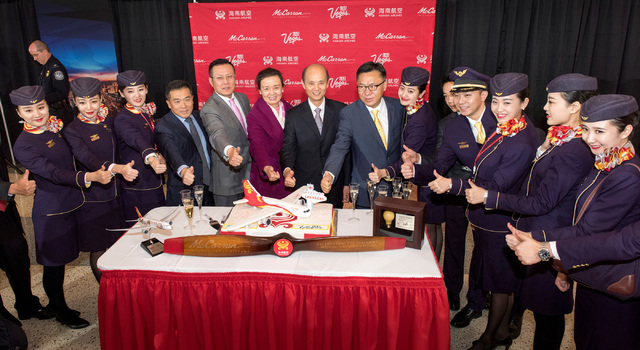 The delegation from China, including Ambassador Luo LiQuan of the San Francisco Consulate of the People's Republic of China and Hou Wei, senior vice president of Hainan Airlines gathers to celebra ...