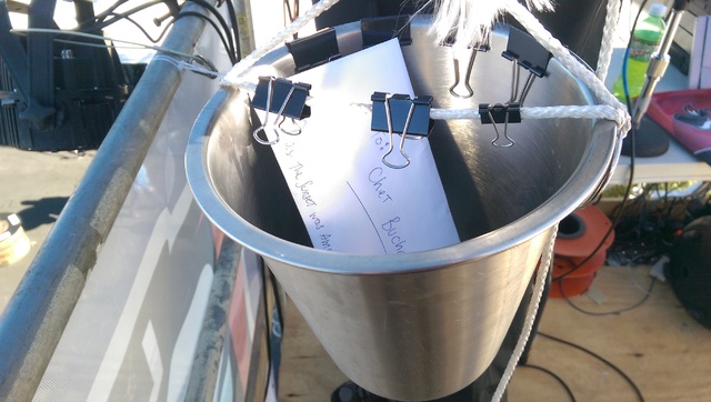 What Buchanan calls "the greatest innovation of toy drive," the bucket that is used to transport letters and notes up to him 20 feet in the air. (Brooke Wanser/Las Vegas Review-Journal)