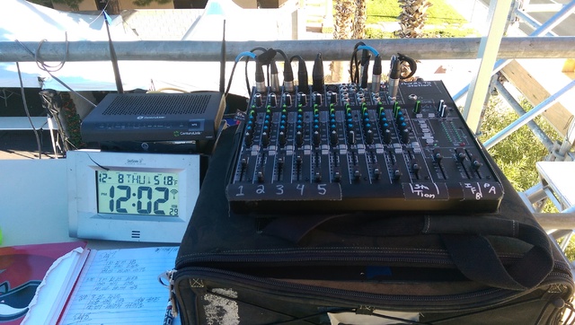 The soundboard and thermometer on the table where Buchanan hosts his morning show. (Brooke Wanser/Las Vegas Review-Journal)