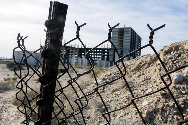 The abandoned Emerald River Resort tower near the banks of the Colorado River in Laughlin on Tuesday, Dec. 6, 2016. The project has been shut down for almost 30 years. (Jeff Scheid/Las Vegas Revie ...