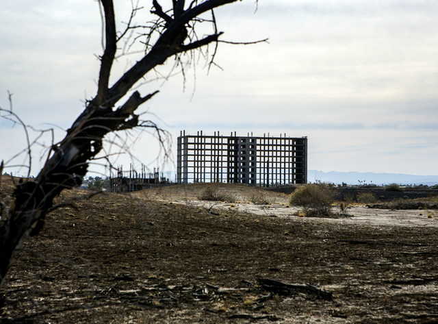 The abandoned Emerald River resort tower near the banks of the Colorado River in Laughlin on Tuesday, Dec. 6, 2016. The project has been shut down for almost 30 years. (Jeff Scheid/Las Vegas Revie ...