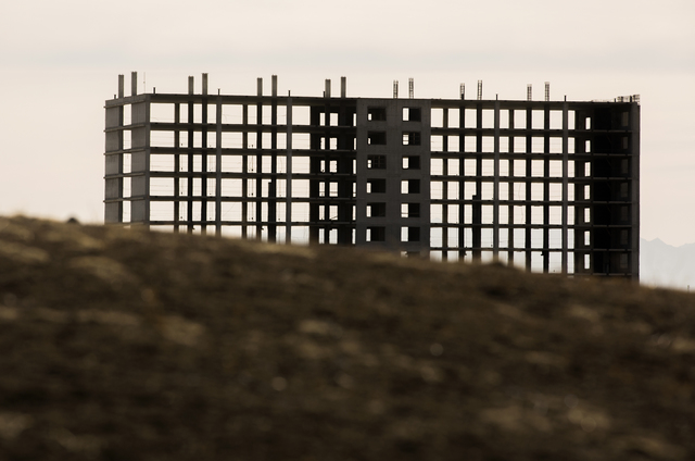 The abandoned Emerald River resort tower near the banks of the Colorado River in Laughlin on Tuesday, Dec. 6, 2016. The project has been shut down for almost 30 years. (Jeff Scheid/Las Vegas Revie ...