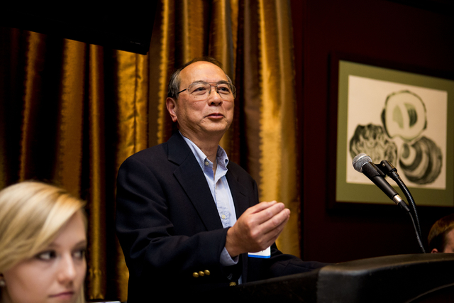Chao-Hsiung Tung, manager of G3 Labs, co-leads a panel discussion constructed of marijuana laboratories discussing the need to test marijuana for pesticides, heavy metals, mold in preparation for ...