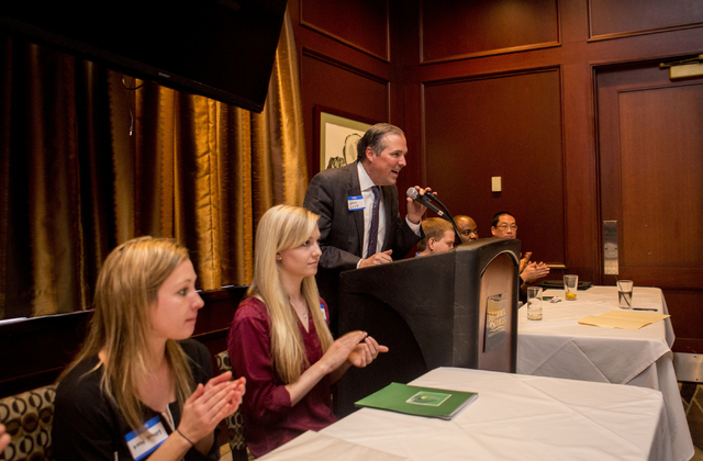 Founder of the Las Vegas Medical Marijuana Association, John Laub, leads a panel discussion constructed of marijuana laboratories discussing the need to test marijuana for pesticides, heavy metals ...