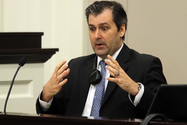 Former North Charleston police officer Michael Slager testifies in his murder trial at the Charleston County court in Charleston, S.C., Tuesday, Nov. 29, 2016. Slager is charged with murder in the ...