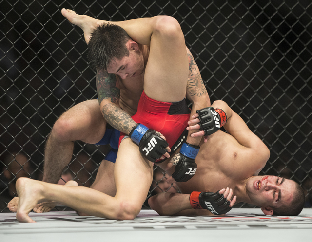 Ray Borg lands works a submission against Louis Smolka during their flyweight fight at UFC 207 at T-Mobile Arena on Friday, Dec. 30, 2016, in Las Vegas. Benjamin Hager/Las Vegas Review-Journal