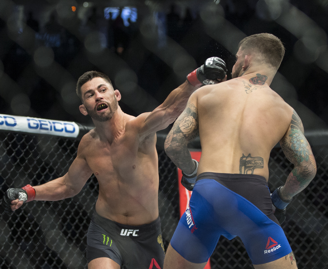 Dominick Cruz, left, lands a strike against Cody Garbrandt during their bantamweight fight at UFC 207 at T-Mobile Arena on Friday, Dec. 30, 2016, in Las Vegas. Benjamin Hager/Las Vegas Review-Journal