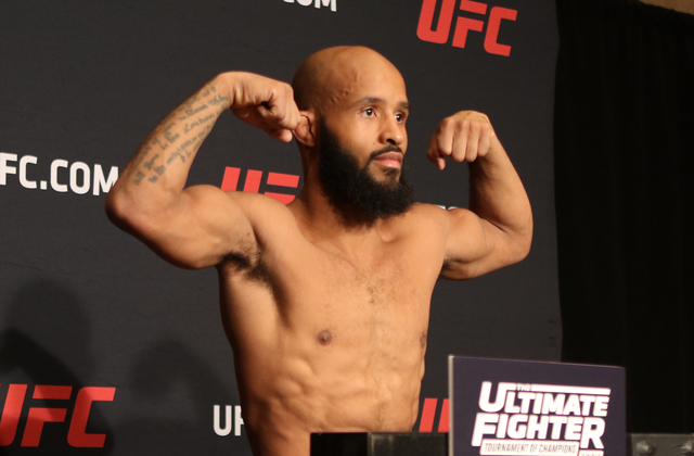 On Dec. 2, 2016, UFC flyweight champion Demetrious Johnson makes weight in advance of defending his title for a ninth time against Tim Elliott at The Palms in Las Vegas. (Heidi Fang/Las Vegas Revi ...