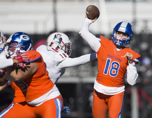 Bishop Gorman's Tate Martell (18) makes a pass for a catch against Liberty in the Class 4A state football championship game at Sam Boyd Stadium on Saturday, Dec. 3, 2016, in Las Vegas. Bishop Gorm ...