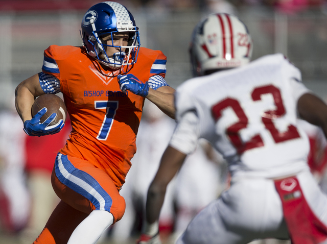 Bishop Gorman's Biaggio Walsh (7) runs the ball for a touchdown against Liberty in the Class 4A state football championship game at Sam Boyd Stadium on Saturday, Dec. 3, 2016, in Las Vegas. Bishop ...