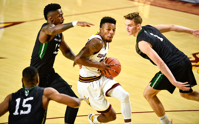 Arizona State guard Shannon Evans II drives Nov. 11 in an 88-70 victory over Portland State in Tempe, Ariz. (Peter Vander Stoep/Arizona State University)