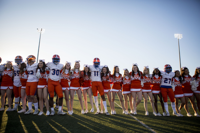 Bishop Gorman celebrates after defeating Arbor View 56-17 during the Sunset Region football final at Arbor View High School, Saturday, Nov. 26, 2016, Las Vegas. Bishop Gorman had a victory of 56 t ...