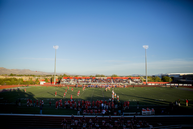 Bishop Gorman plays against Arbor View during the Sunset Region football final between Bishop Gorman and Arbor View at Arbor View High School, Saturday, Nov. 26, 2016, Las Vegas. Bishop Gorman had ...