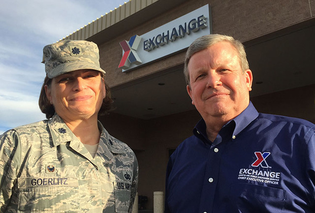 Tom Shull, right, director of the Army and Air Force Exchange Service, poses, Wednesday, Oct. 12, 2016, outside the Nellis Air Force Base Exchange with Lt. Col. Cristin Goerlitz, 99th Force Suppor ...
