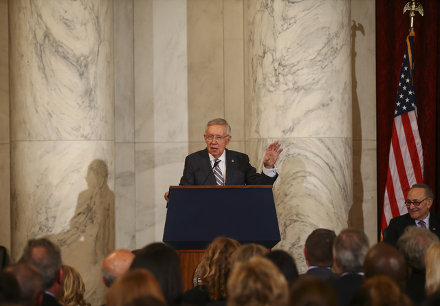 Senate Minority Leader Harry Reid, D-Nev., speaks during a ceremony to unveil his portrait on Capitol Hill in Washington D.C. on Thursday, Dec. 8, 2016. (Chase Stevens/Las Vegas Review-Journal) @c ...