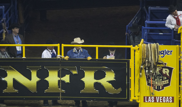 Bareback riding competition on the final night of the National Finals Rodeo at the Thomas & Mack Center in Las Vegas on Saturday, Dec. 9, 2016. (Miranda Alam/Las Vegas Review-Journal) @miranda ...