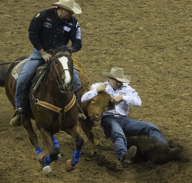 Dakota Eldridge competes during the steer wrestling competition on the final night of the National Finals Rodeo at the Thomas & Mack Center in Las Vegas on Saturday, Dec. 9, 2016. (Miranda Ala ...