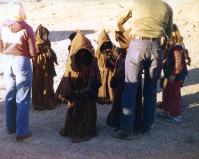 A group of children recruited from Death Valley Elementary School prepare to play Jawas during filming of the original &quot;Star Wars&quot; movie in Death Valley in 1977. (Sally Weber)