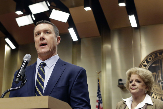 Pat Egan, NV Energy senior vice president of customer operations, joined by Las Vegas Mayor Carolyn Goodman, talks about the cityճ latest efforts to become a fully sustainable city Monday, D ...