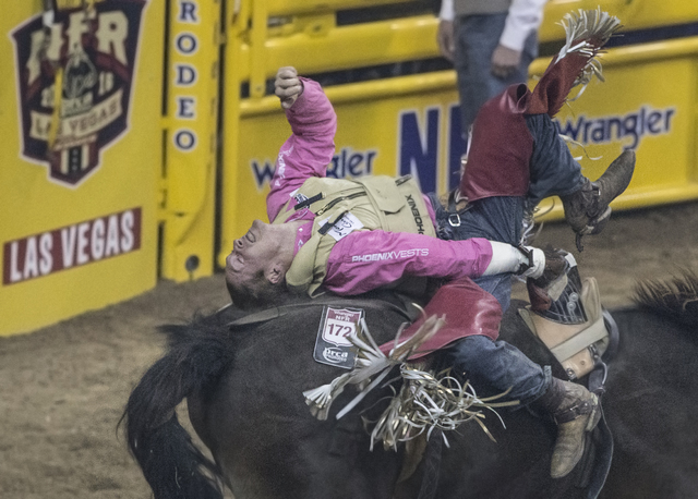 Tye Breuer tries to hold on to Top Flight during the bareback riding competition at the National Finals Rodeo at the Thomas & Mack Center on Monday, Dec. 5, 2016, in Las Vegas. (Benjamin Hager ...