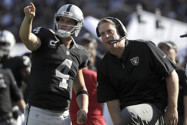 Oakland Raiders quarterback Derek Carr (4) and head coach Jack Del