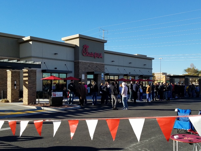 People line up outside of Chick-fil-A in Henderson a full day ahead of the Thursday grand opening of the eatery at 460 N. Stephanie St. in Henderson on Wednesday, Jan. 25, 2017. (Brett Steidler/La ...