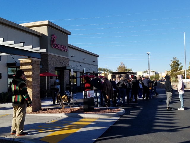 People line up outside of Chick-fil-A at 460 N. Stephanie St. in Henderson a full day ahead of the Thursday grand opening of the eatery in Henderson on Wednesday, Jan. 25, 2017. (Brett Steidler/La ...