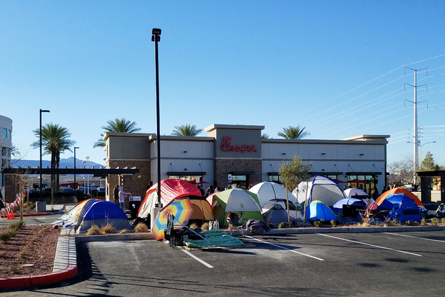 Anxious Chick-fil-A customers set up camp a full day ahead of the Thursday grand opening of the eatery at 460 N. Stephanie St. in Henderson on Wednesday, Jan. 25, 2017. (Brett Steidler/Las Vegas R ...