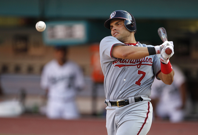 Washington Nationals' Ivan Rodriguez (7) bats during a baseball game  against the Florida Marlins in Miami, Wednesday, Sept. 28, 2011. (Lynne  Sladky/AP)