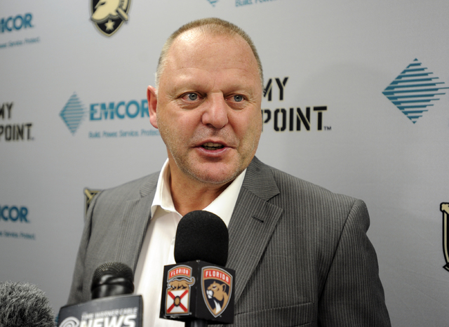 In this Oct. 8, 2016, file photo, Florida Panthers coach Gerard Gallant talks about his team's 4-2 win over the New Jersey Devils in an NHL preseason hockey game,  in West Point, N.Y. The Panthers ...