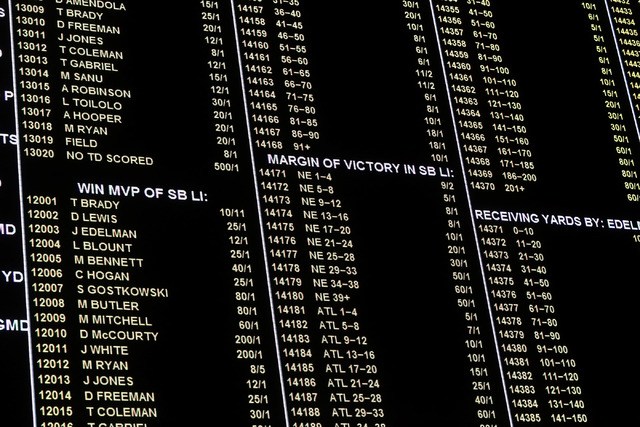 Various prop bets appear at the Westgate sports book on Thursday, Jan. 26, 2017, in Las Vegas. The sports book posted nearly 400 Super Bowl prop bets. (Christian K. Lee/Las Vegas Review-Journal) @ ...
