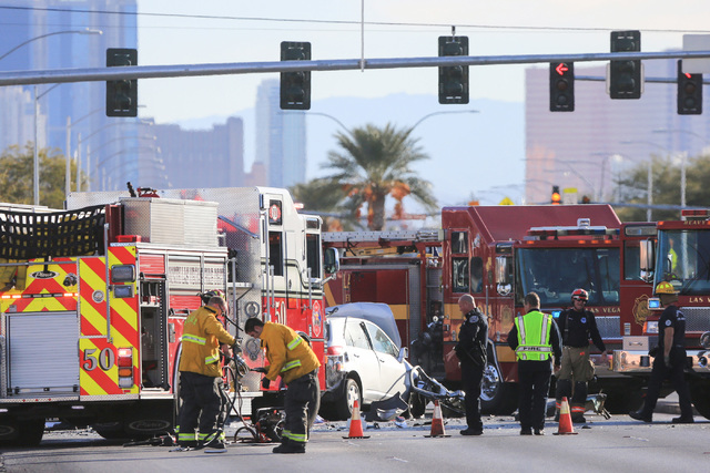 North Las Vegas police and Las Vegas fire fighters work the scene of a crash on Martin Luther King Boulevard near Carey Avenue on Friday, Jan. 6, 2017. Brett Le Blanc/Las Vegas Review-Journal Foll ...