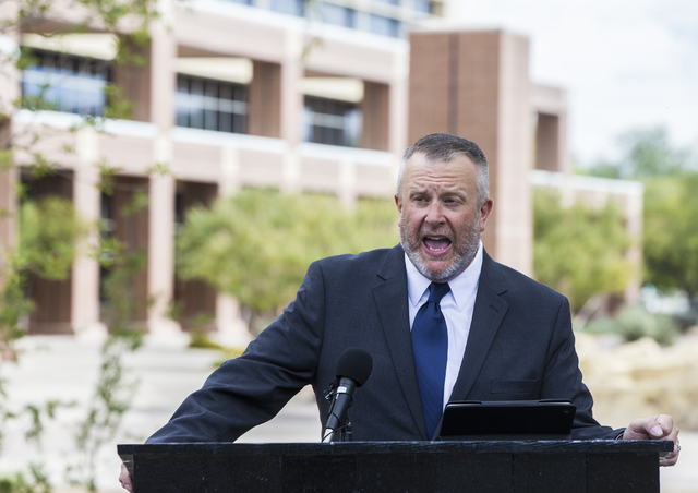 School leader Steve Werlein addresses the media outside the Grant Sawyer Federal Building on Friday, Oct. 14, 2016, in Las Vegas. The press conference was called to announce that the Nevada Connec ...