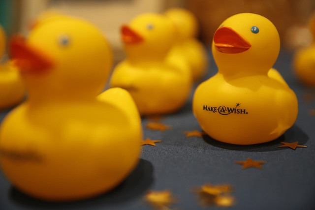Make-A-Wish rubber ducks sit on a reception table at the Gardner family home, Thursday, Jan. 12, 2017 in Las Vegas. Make-A-Wish Southern Nevada and its partners formally revealed the Gardner famil ...